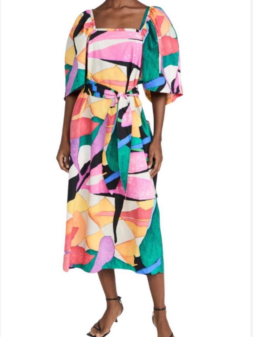 Mara Hoffman Sara Midi Dress Abstract Multicolor Square Neck Belted XL